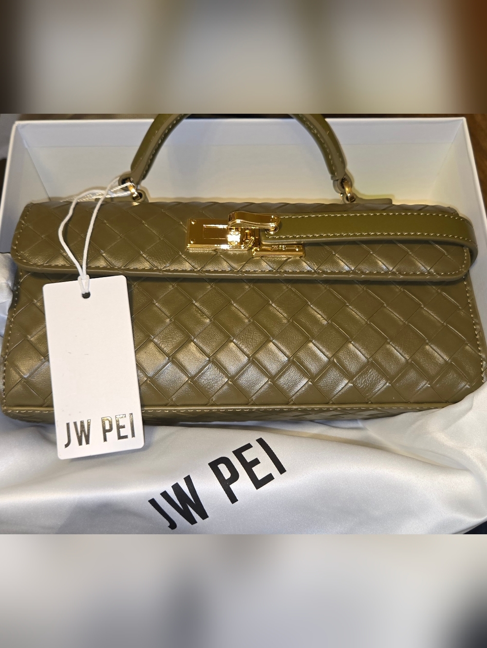 JW PEI Olive Green Woven Top-Handle Satchel with Gold Hardware